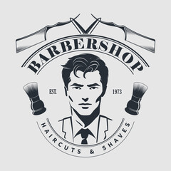 Vintage Barbershop Emblem Featuring Stylish Man and Classic Grooming Tools. Vector illustration