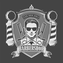 Classic Barbershop Sign with Stylish Male Portrait and Barber Pole Design. Vector illustration