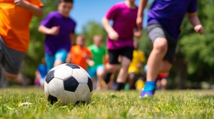 Obraz premium Energetic Children Playing Soccer Outdoors in a Colorful Group on a Sunny Day