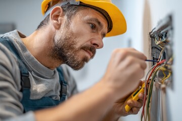Electrician carefully connecting colorful electrical wires inside a junction box, performing precise and essential work on a white background