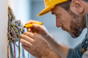 Electrician carefully connecting colorful electrical wires inside a junction box, performing precise and essential work on a white background