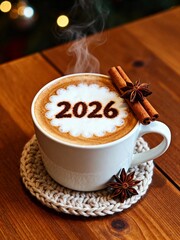 Creative Coffee Latte Art with 2026 Number in Foam for New Year