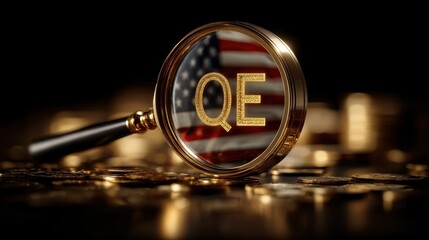 Quantitative easing magnifying glass on USA flag background.