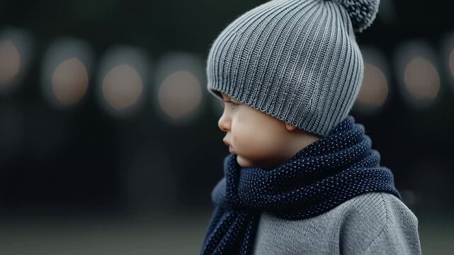 A young child stands in a winter landscape, dressed warmly in a gray hat and dark scarf. Snowflakes gently fall as the child gazes into the distance, deep in thought
