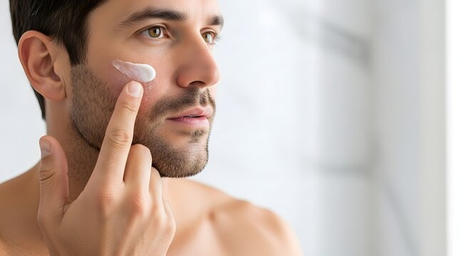 A focused man applying moisturizer to his flaky skin, highlighting a modern male grooming and hydration concept.
