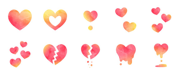 さまざまなハートのシンプルな手描き水彩イラストセット 赤 黄色 グラデーション
