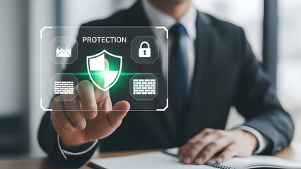 Businessman activating digital protection shield