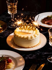 Festive New Year Cake with Glowing 2026 Topper and Sparklers