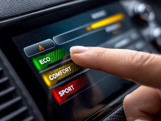 Finger taps car touchscreen driving mode menu showing ECO COMFORT SPORT, offering choice between efficiency, comfort and sport.