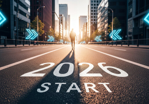 Runner Starting 2026 on City Road at Sunrise, New Year Business Launch and Future Success Concept