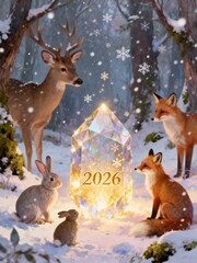 Magical Forest Animals Gathered Around Glowing 2026 Sign