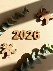 Eco-friendly New Year Flatlay with Wooden 2026 Decorations