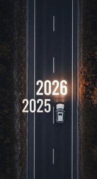 Car Moving from 2025 to 2026 on Vertical Road, New Year Transition and Future Progress Concept