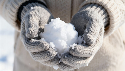 Hands wearing cozy gray gloves hold a freshly made snowball, surrounded by a winter landscape, capturing the essence of playful outdoor activities in a snowy environment
