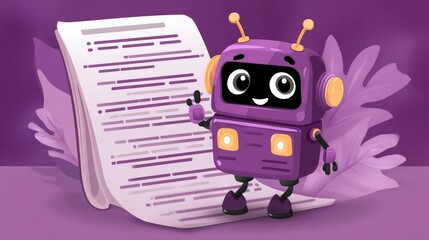 Cute purple robot character holding document in creative studio environment digital illustration playful concept
