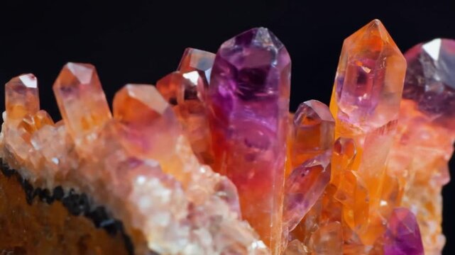 Vivid crystal with purple amethyst cores and orange citrine tips glowing against dark rich backdrop