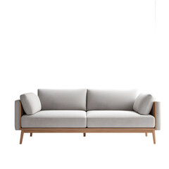 Scandinavian light gray fabric sofa with oak wood base isolated on a empty plain background