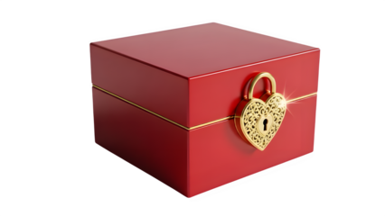 Red jewelry box with a golden heartshaped padlock and decorative gold trim, isolated on transparent background