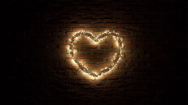 Heart shape made of warm fairy lights glowing on a dark brick wall at dusk concept of magical romance and cozy outdoor decoration
