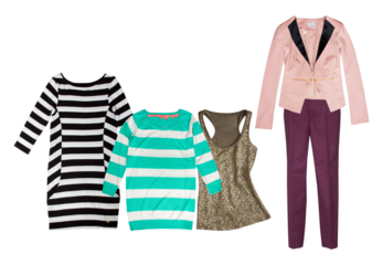 black and white striped dress, green striped long-sleeved shirt, gold sequined tank top, pink blazer and purple dress pants photograph