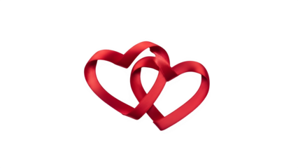Two intertwined red ribbon hearts symbolizing love and romance isolated on transparent background