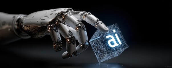 Robot hand holding a blue glowing AI cube, symbolizing artificial intelligence and future technology
