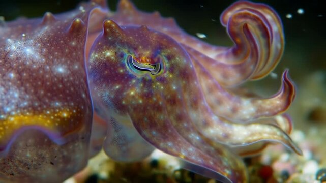 Close-up of a cuttlefish in the ocean with details, blurred background. For biology, art, or education use