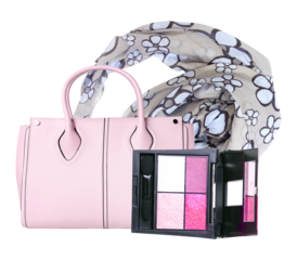 chic fashion essentials with pink handbag, eyeshadow palette, and floral scarf epitomize feminine elegance and style for modern lifestyle advertising