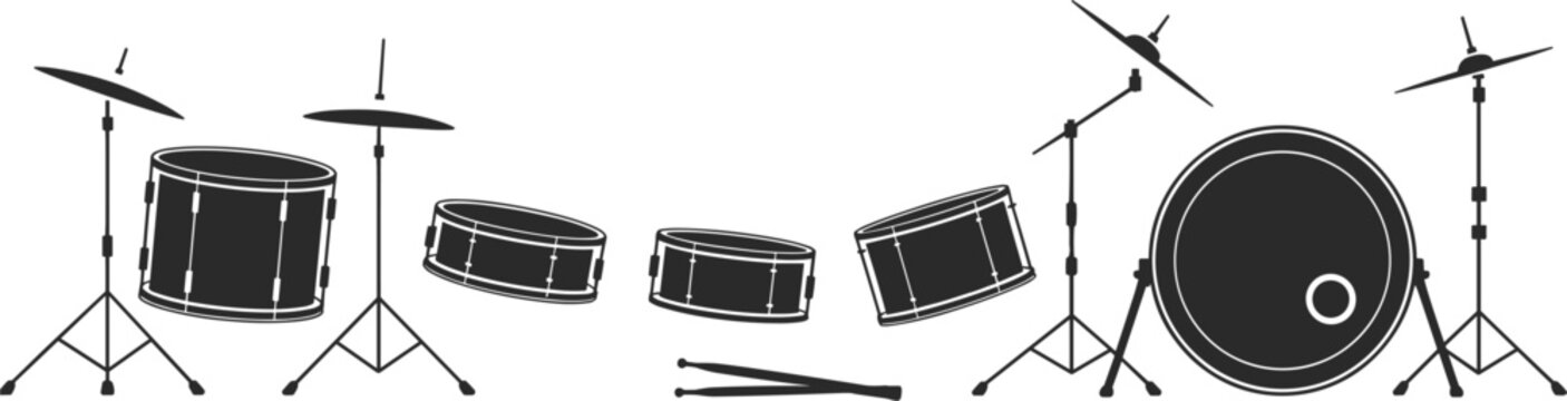 Professional drum kit vector set featuring percussion instruments cymbals and drumsticks for musical performance design