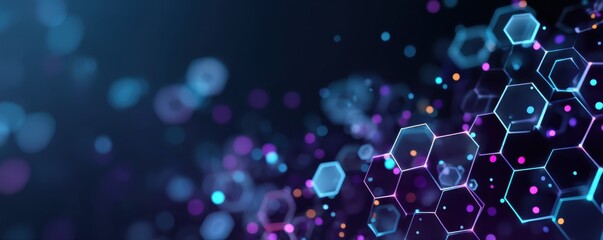 Abstract glowing hexagons background with neon blue and purple lights for technology visuals