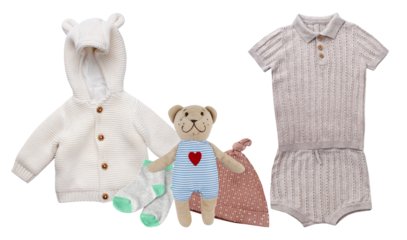 cozy collection of infant apparel with cardigan, knit romper, soft socks and a teddy bear, evoking warmth, comfort and a touch of playful charm