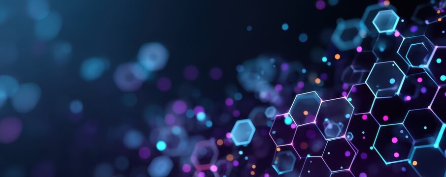 Abstract glowing hexagons background with neon blue and purple lights for technology visuals - Powered by Adobe