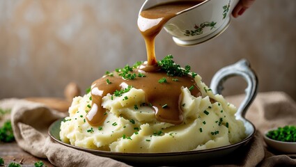 Homemade mashed potatoes with gravy &mdash; AI generated