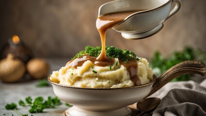 Homemade mashed potatoes with gravy &mdash; AI generated