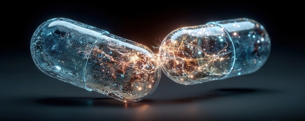 Two glowing blue pills linked by circuit patterns and neon sparks, depicting digital medicine and tech
