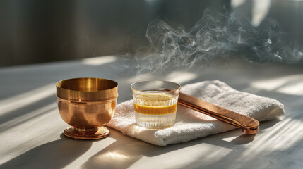 Traditional spa treatment with steam, copper bowl, and glass of water. A relaxing spa scene features a copper bowl, glass of water, and steam, evoking a sense of tranquility