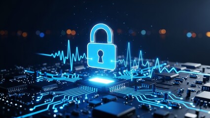 Digital security padlock icon over futuristic circuit board with glowing blue lines