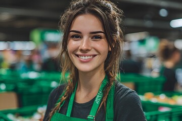 A young female supermarket employee with a charming smile is standing near produce in a grocery store showing a friendly face and positive attitude.