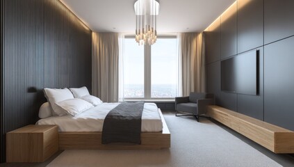 Fototapeta premium Modern bedroom interior with bed furniture and television design