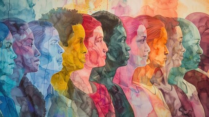 An inspiring watercolor mural depicting a diverse group of people united in harmony  ,3D