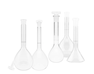 clean studio photograph featuring various volumetric flasks for science and chemistry, perfect for illustrating lab equipment and scientific research concepts