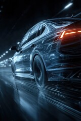 Sleek car driving at high speed highlighted by dynamic blue light effects