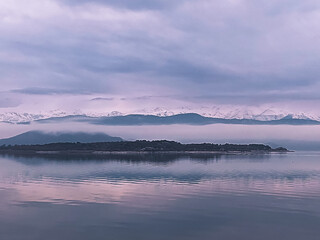 Fog over Beysehir Lake and snowy mountain, Anamas.