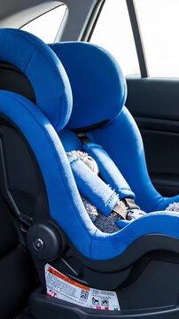 Empty blue baby car seat buckled into the back of a modern vehicle. Essential safety equipment for transporting infants and toddlers