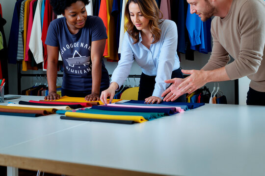 Caucasian woman, Black woman, Caucasian man collaborating while examining fabric samples on table, discussing textile choices in modern workspace with clothing racks in background