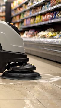 Professional floor scrubber machine cleaning the tiles in a supermarket aisle. Close up of the rotating brush washing the floor