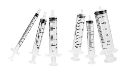 collection photograph of various transparent syringes with visible measurements on a transparent background, suitable for medical and scientific contexts.