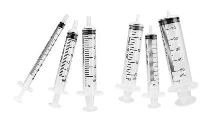 collection photograph of various transparent syringes with visible measurements on a transparent background, suitable for medical and scientific contexts.