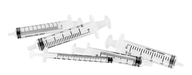 group photograph of assorted transparent syringes in a heap on a transparent background, ideal for illustrating medical and healthcare themes.
