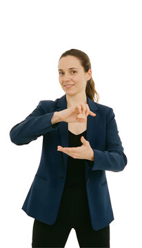 A female sign language interpreter mid gesture with a clear and expressive face